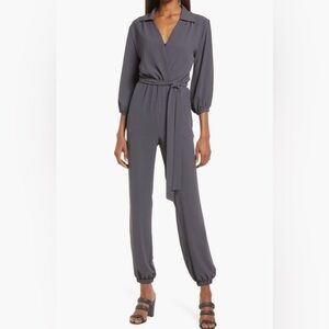 Fraiche by J Tie Waist Long Sleeve Jumpsuit in Charcoal